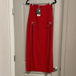 HALARA Red Maxi Skirt with Buckle Accent